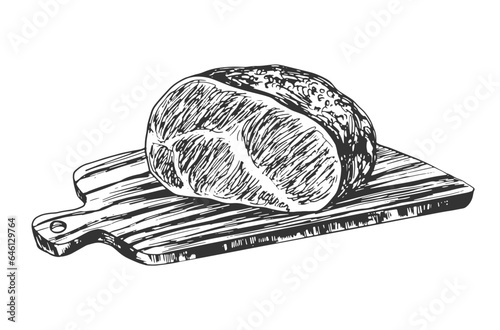 Tenderloin Steak.Sketch of roast beef on cutting board isolated on white background. Hand drawn beef steak. Vintage engraving. Butcher shop product. Food. Retro style steak for menu, butcher shop