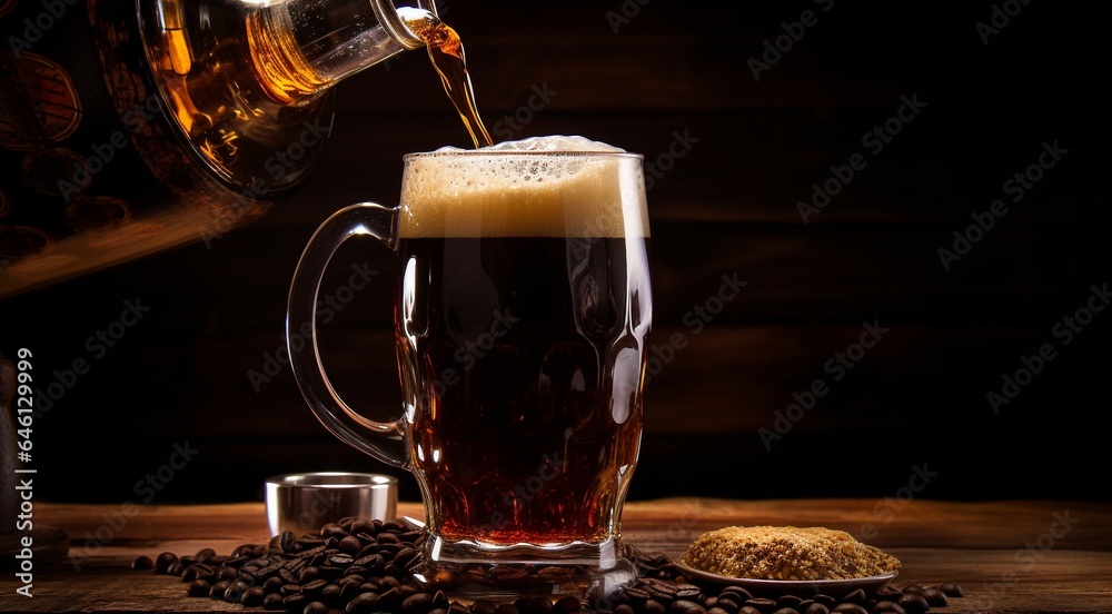 glass of beer on abstract background, beer wallpaper, glass of beer in the dark, beer with foam, alcoholic drink on dark background - obrazy, fototapety, plakaty 