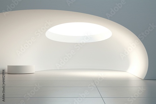 Spacious minimalist interior with blank canvases and a curved entrance to another area. Shallow focus. 3D render. Generative AI