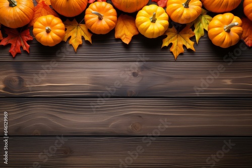 Autumn composition - orange pumpkins and colorful dried leaves on wooden background, copy space, top view, greeting card, design mock up