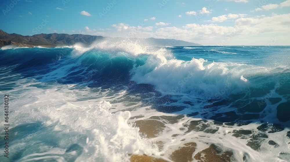 Beautiful view of the huge breaking wave of the sea. AI generated image