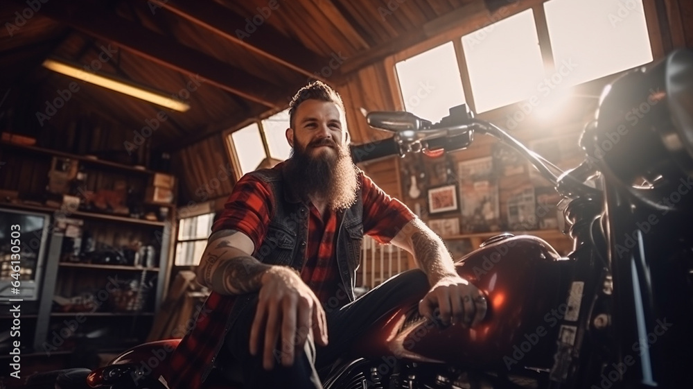 brutal bearded man with long beard in a leather cap sitting on a motorcycle