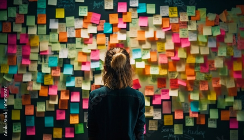 Young businesswoman brainstorming strategy on multi colored adhesive notes indoors generated by AI