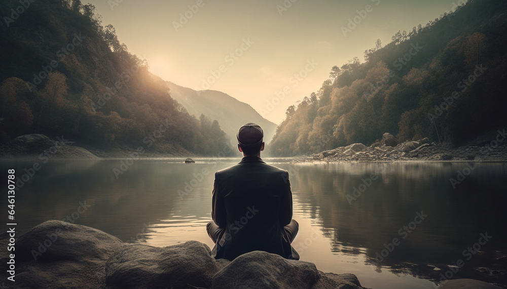 One person sitting outdoors, meditating at sunrise on mountain peak generated by AI - obrazy, fototapety, plakaty 