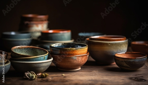Earthenware pottery collection, rustic decoration on wooden table, indigenous craft generated by AI