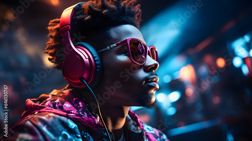 Black skin man is listening the music on neon bright background