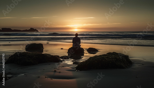One person meditating at dawn, backlit by the sunrise generated by AI © Stockgiu