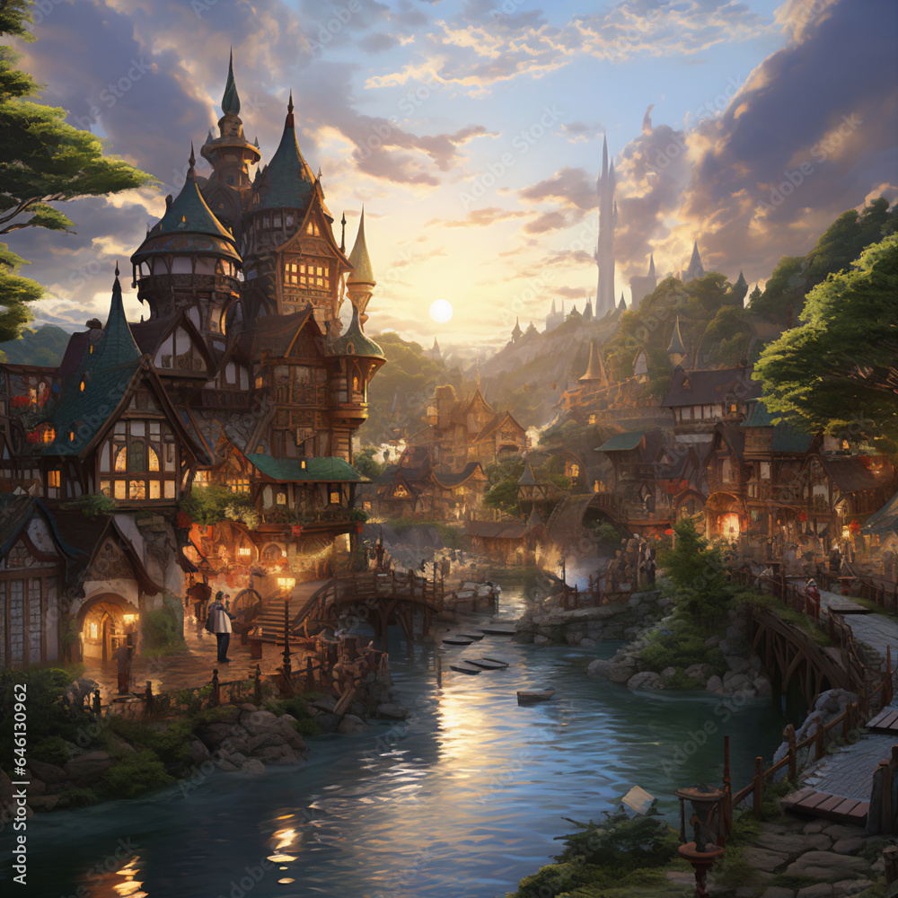 Enchanting Fantasy Illustration: Magical Village with Intricate Details