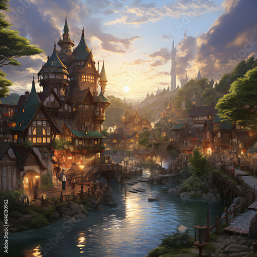Enchanting Fantasy Illustration: Magical Village with Intricate Details © HustlePlayground