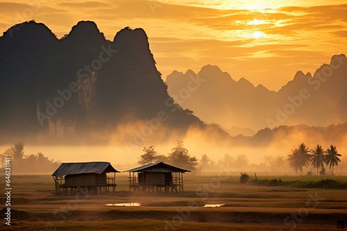 Beautiful sunrise over Karst Mountains in Vientiane Province, Laos. Generative AI