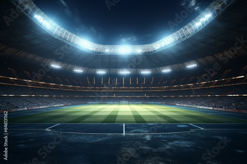 Illuminated 3D rendering of an unoccupied football stadium. Generative AI