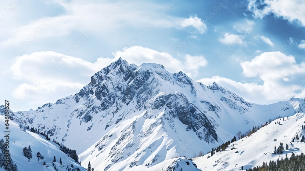 Beautiful Panoramic view of snow in mountain peak. AI generated image
