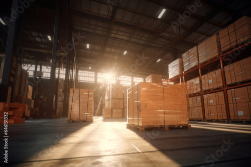 Cardboard boxes on shelves in a large warehouse, the sun is shining. Warehouse Logistics. AI generative.