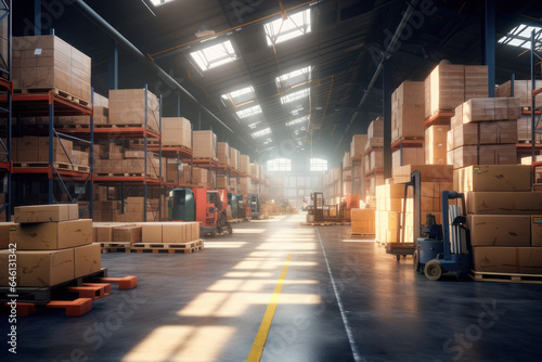 Cardboard boxes on shelves in a large warehouse and forklifts. Warehouse Logistics. AI generative.