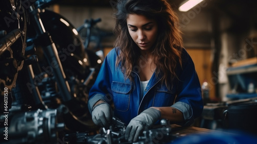 woman in uniform repairing a motorcycle in a garage. high quality photo