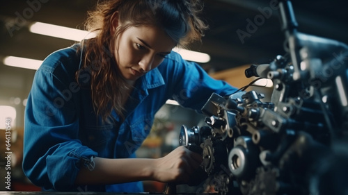 woman in uniform repairing a motorcycle in a garage. high quality photo