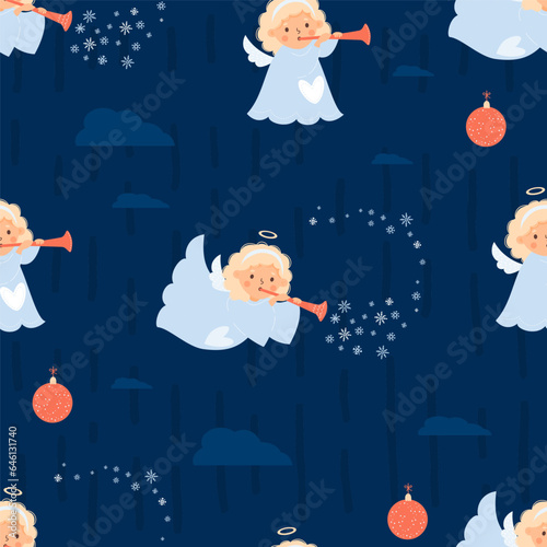 Christmas Seamless pattern with cute angel blonde girl with trumpet on blue background. Vector illustration in cartoon style. Cute Xmas kids collection