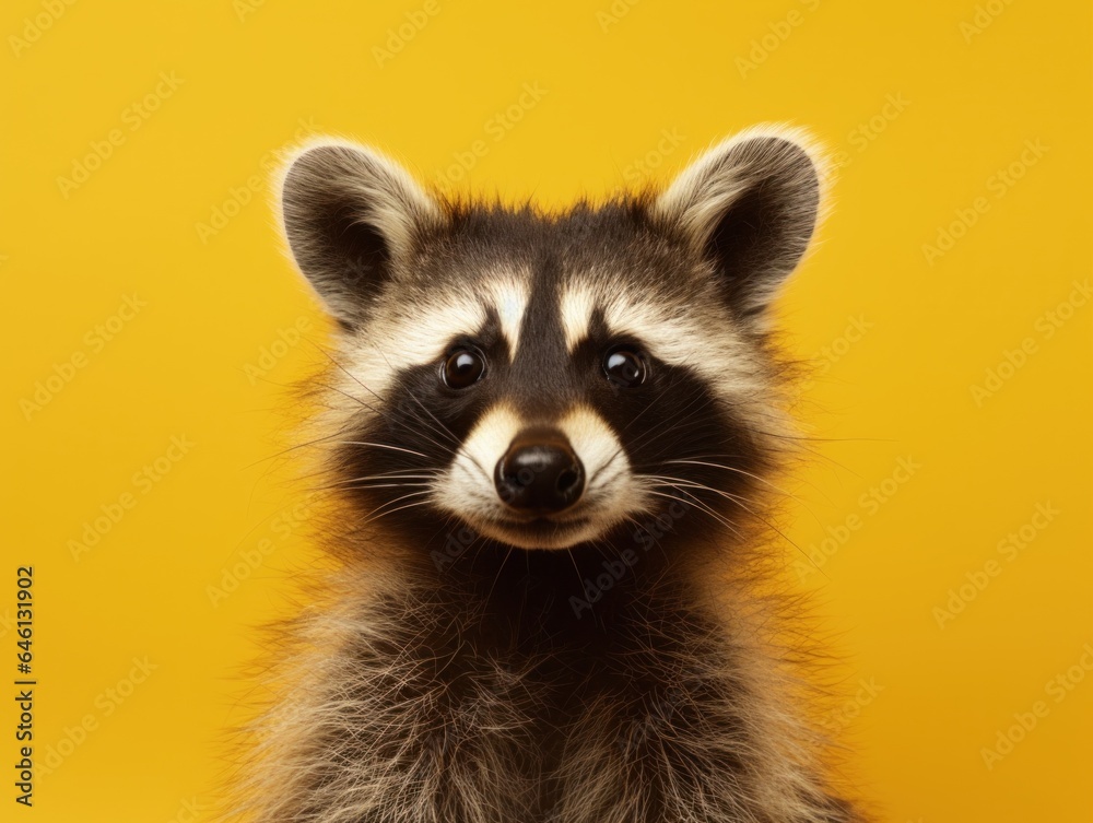 A close up of a raccoon on a yellow background