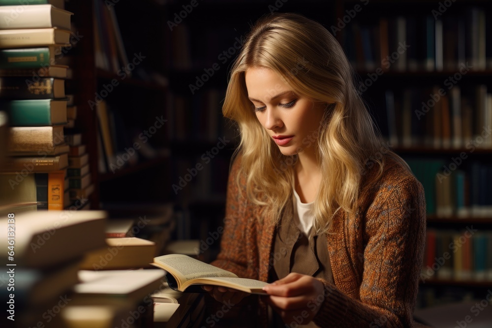 Student with stacks of books at desk in library Student with stacks of books at desk in library