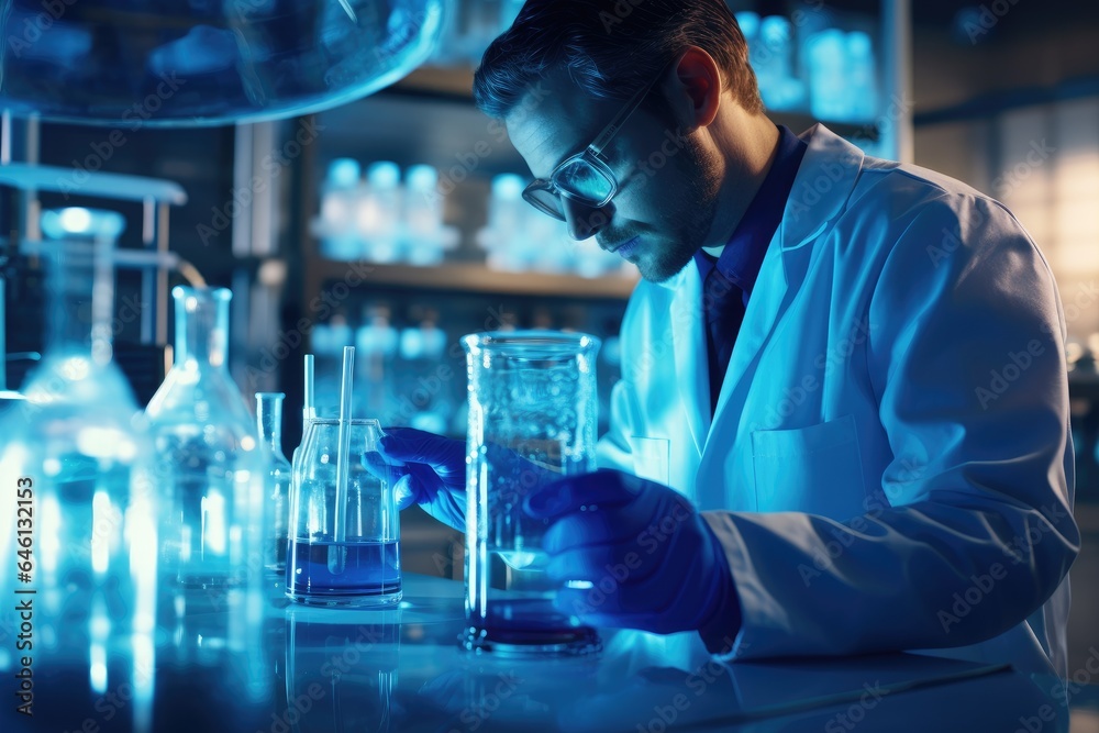 Scientist in laboratory analyzing blue substance in beaker, conducting medical research for pharmaceutical discovery Scientist in laboratory analyzing blue substance in beaker, conducting medical research for pharmaceutical discovery