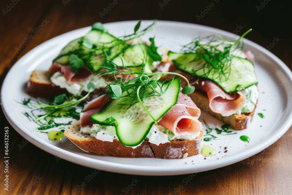 Sandwiches with cream cheese prosciutto cucumber and arugula on white plate