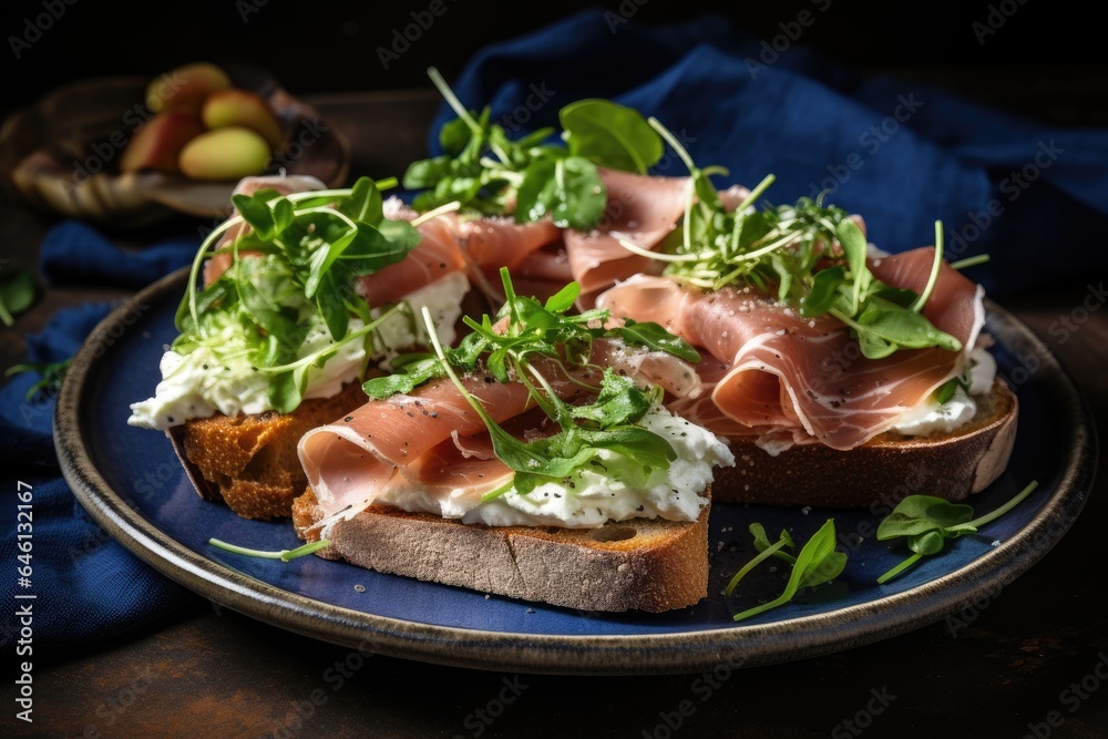 Sandwiches with cream cheese prosciutto cucumber and arugula on plate