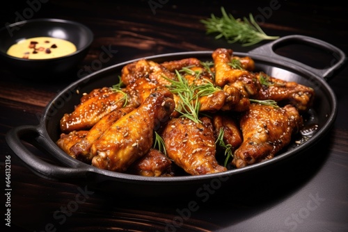 Baked chicken wings and legs in honey mustard sauce.