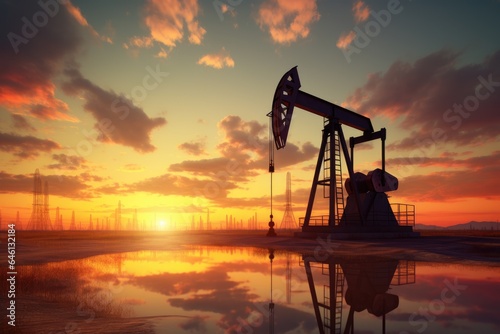 Oil pump on a sunset background. World oil industry.