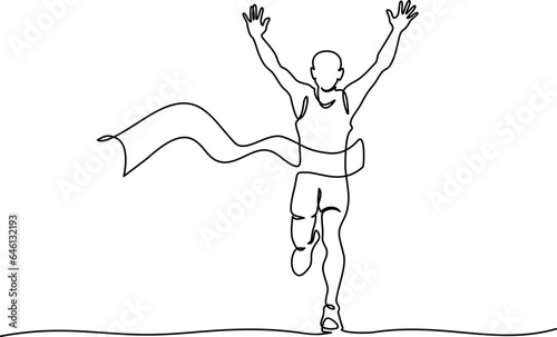 Runner reaches finish line holding his arms up. Continuous one line
