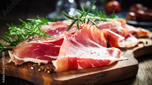 Fotografija Slices of tasty cured ham with rosemary
