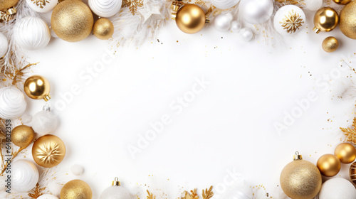 Christmas frame with golden and white christmas balls and copy space