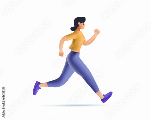 3D woman character runner. 3D vector concept illustration of female athletes running in the park, forest, stadium track