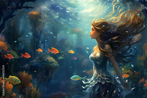 a magical sea world with a girl under the water.