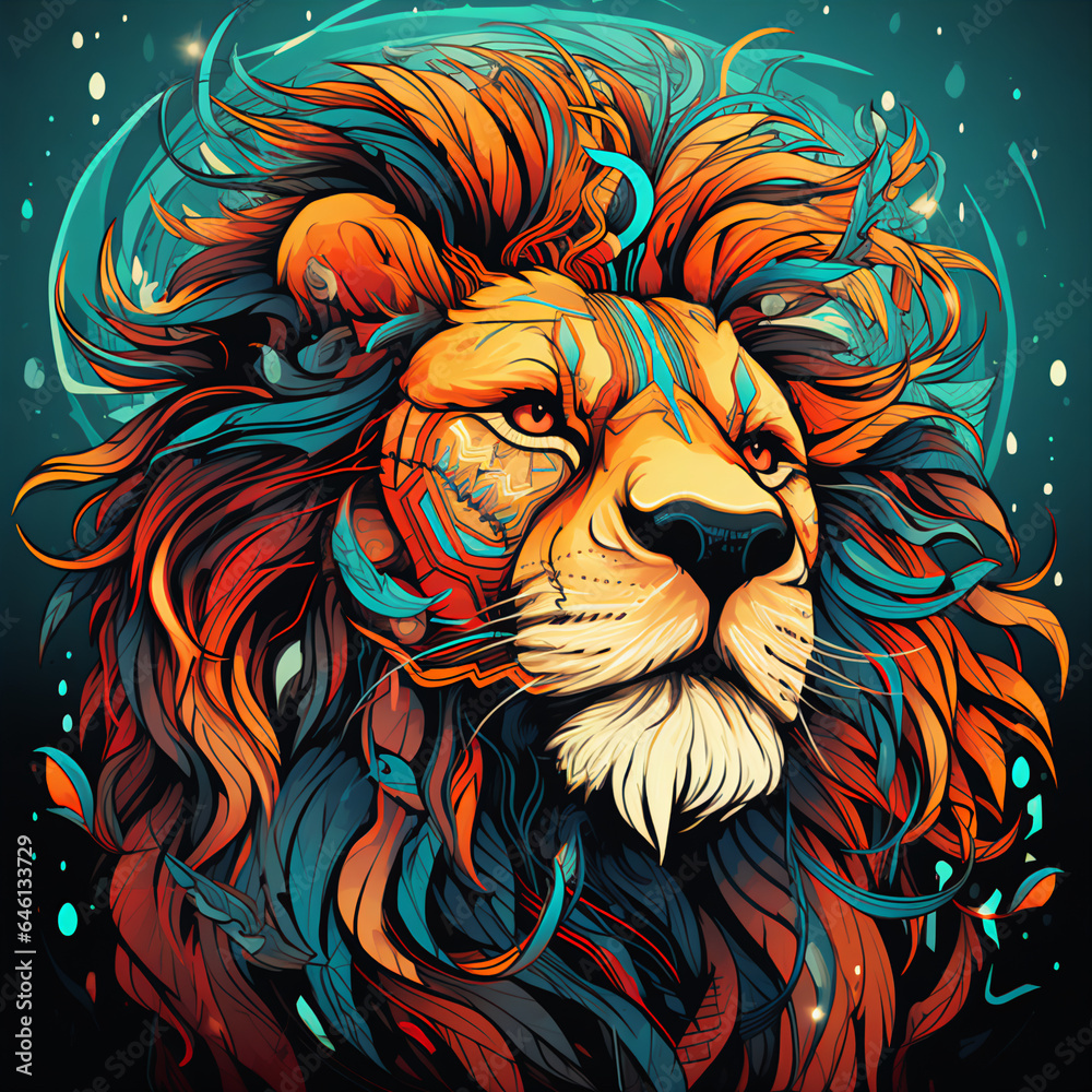 Graphic Novel Style Lion Illustration with Cute and Vibrant Colors Plus Intricate Details