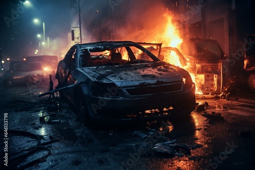 Night city car incident, wrecked and burning cars after collision, danger of drink driving. Generative AI