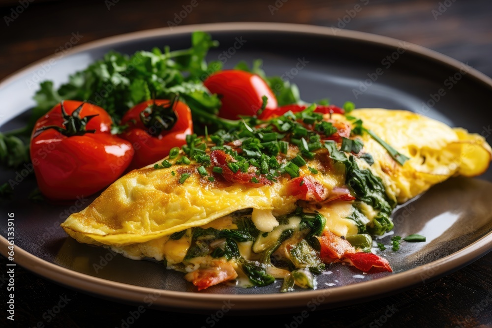 Delicious omelet with tomatoes and herbs on a dark plate. Delicious omelet with tomatoes and herbs on a dark plate.