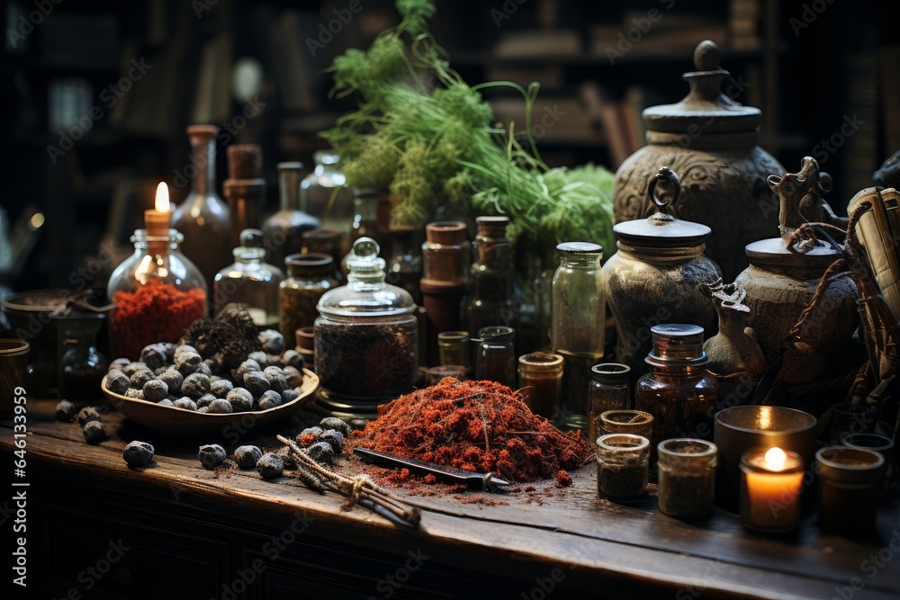 moody composition of an apothecary table filled with herbs, spices, and vintage bottles