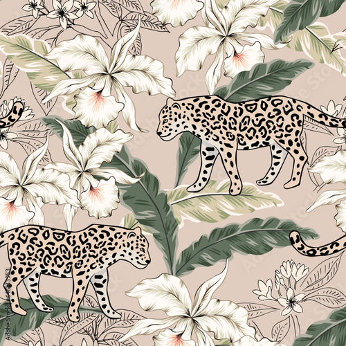 Tropical leopard  orchid flowers  palm leaves  beige background. Seamless pattern. Vector illustration. Exotic plants  animals. Summer beach design. Paradise nature