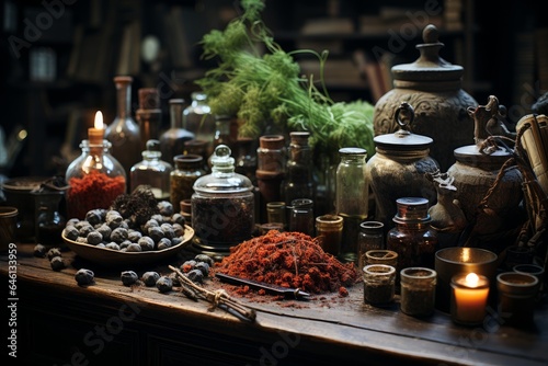 moody composition of an apothecary table filled with herbs  spices  and vintage bottles