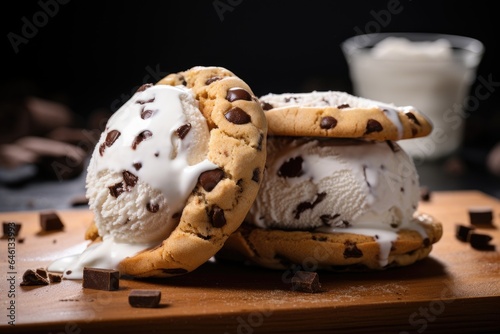 Ice cream sandwiches with chocolate chips and mint leaves on a wooden table.