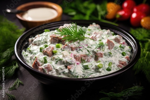 A creamy tuna and vegetable salad garnished with dill, served in a black bowl.