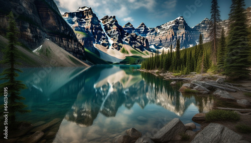 Tranquil scene of majestic Rocky Mountains, reflecting in Moraine Lake generated by AI