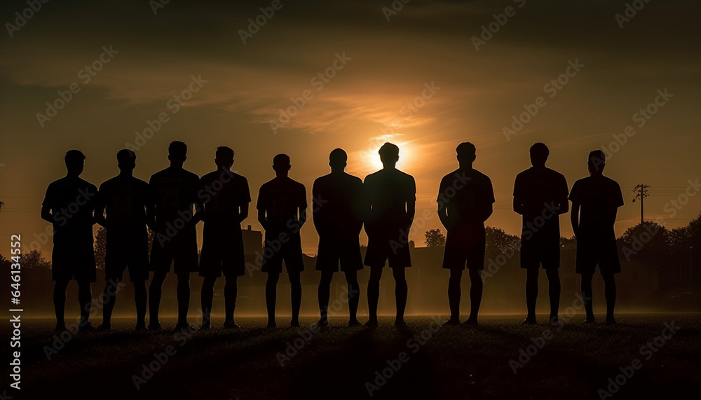 Silhouette of men and women standing, back lit by sunset generated by AI