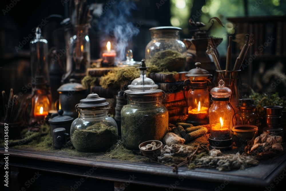 An enchanting alchemy lab filled with jars of herbs, potion bottles, and flickering candlelight, invoking a sense of ancient magic and mystery