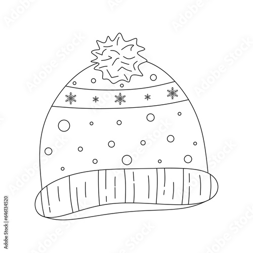 Hand drawn knit hat with decoration of snowflakes, dots, stripes, pompom or woolen ball. Contour drawing of seasonal clothing. Winter beanie or hat in doodle style isolated. Vector illustration