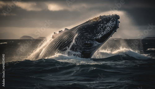 Majestic humpback whale breaching in tropical waters, spraying water droplets generated by AI © Stockgiu