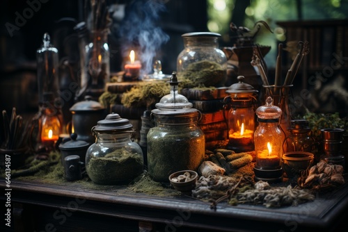 An enchanting alchemy lab filled with jars of herbs, potion bottles, and flickering candlelight, invoking a sense of ancient magic and mystery