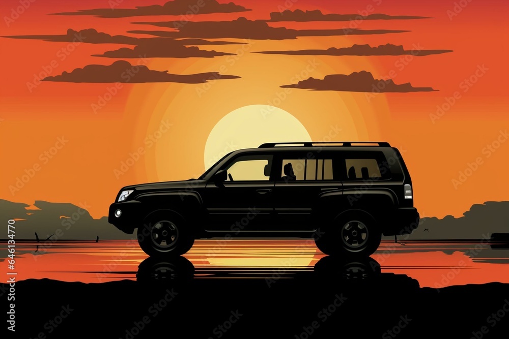 SUV silhouette with sea background. Generative AI