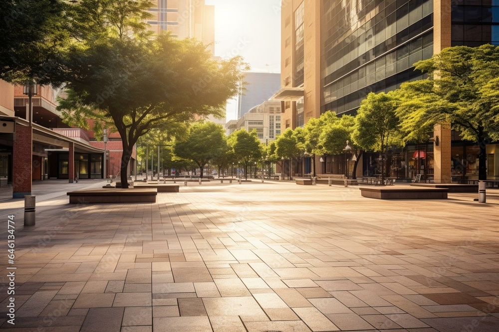 Empty urban plaza with vacant street pavement at city center. Generative AI - obrazy, fototapety, plakaty 