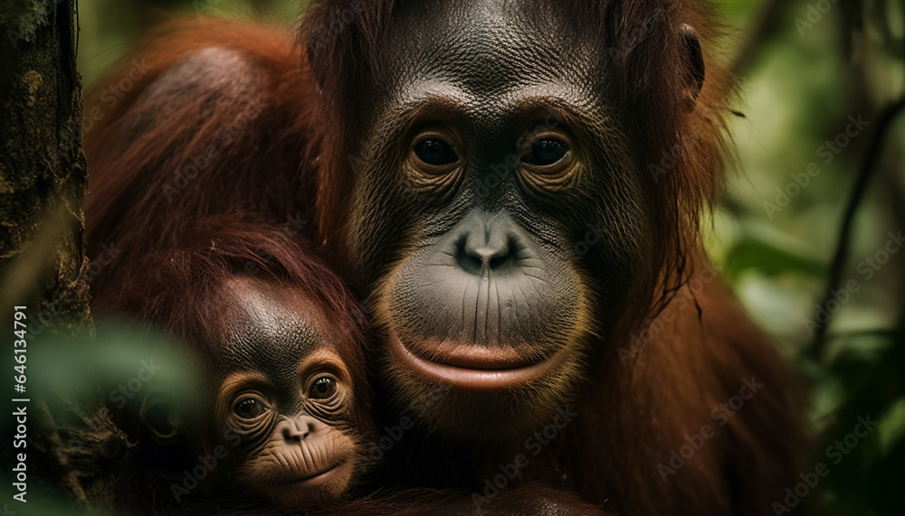 Young primate staring at camera in tropical rainforest portrait generated by AI Young primate staring at camera in tropical rainforest portrait generated by AI